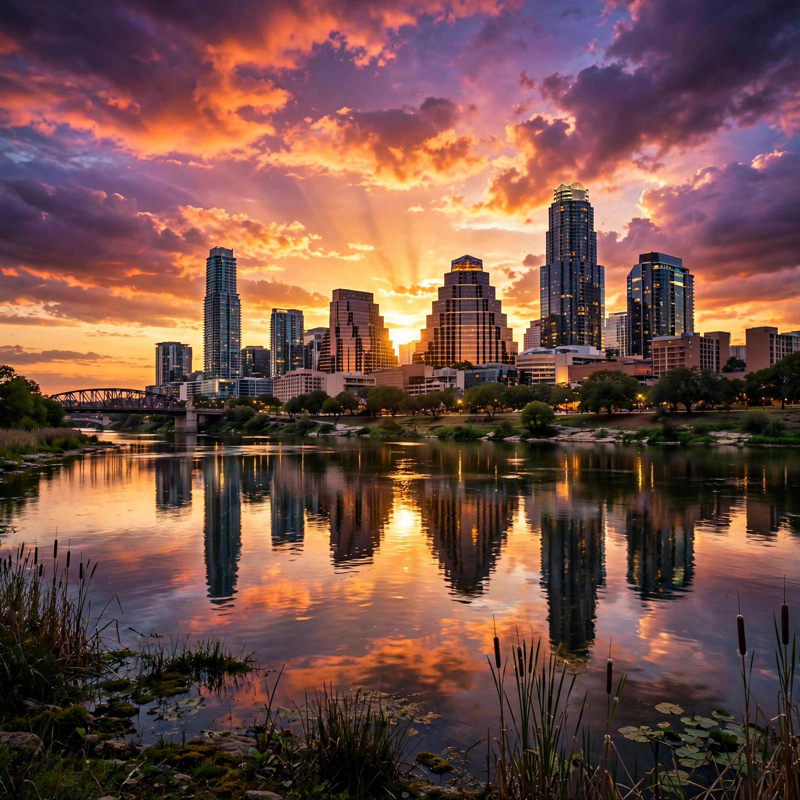 Austin skyline at sunset over Lady Bird Lake
